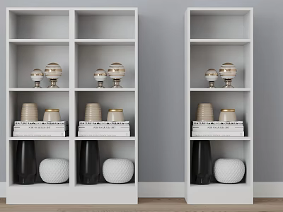 Two White Bookshelves Display With Gold Decorative Items Stacked Books And Vases 3d model