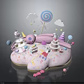 Pink Cloud Shaped Dessert Scene With Unicorn Lollipop Cake Cupcakes And Candies