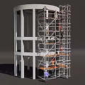 Scaffolding Structure For Cylindrical Building Construction With Workers On Site