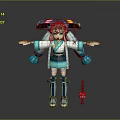 Anime Style Game and Movie Character With Teal Mushroom Hat Twin Ponytails and Red Orb Companion