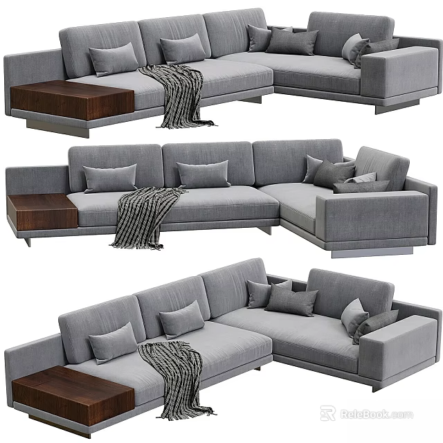 Modern Grey Sectional Sofa With Soft Pillows Throw Blanket And Wooden Armrest 3d model