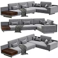 Modern Grey Sectional Sofa With Soft Pillows Throw Blanket And Wooden Armrest 3d model