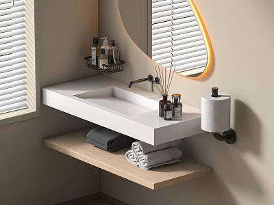 Stylish Modern Bathroom Vanity Design With Round Mirror Window Blinds Toiletries And Towels 3d model