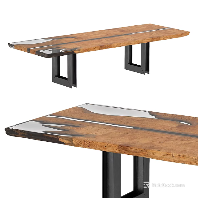 Modern Wooden Desk With Natural Grain Top And Black Metal Legs Design 3d model 