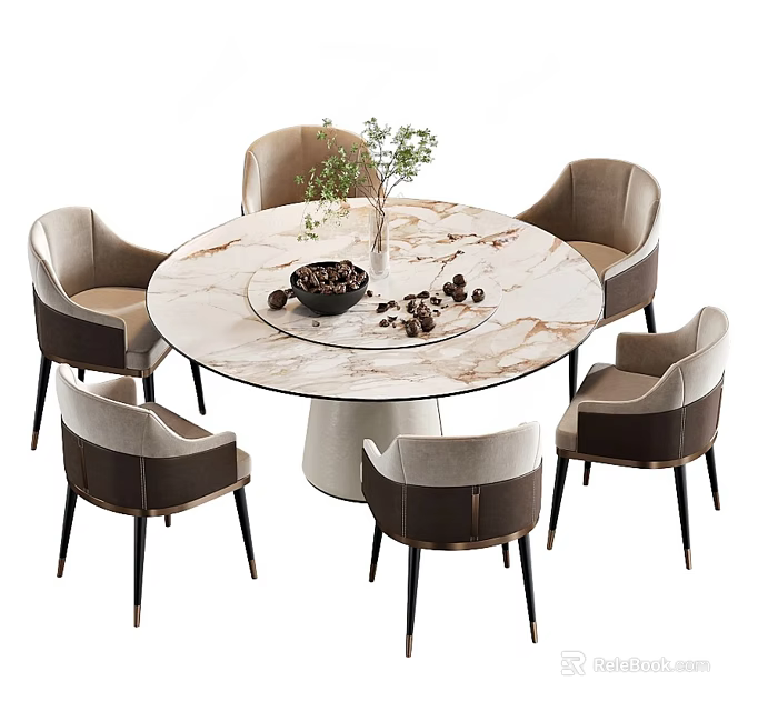 Luxury Modern Round Marble Dining Table Set With Six Chairs And Decorative Plants 3d model