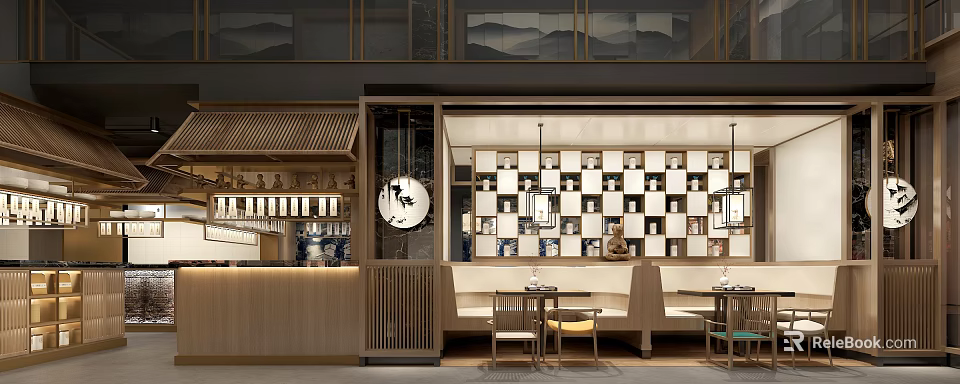 Traditional Chinese Restaurant Interior With Wooden Furniture Lanterns Round Decor And Seating Area 3d model 