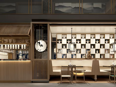 Traditional Chinese Restaurant Interior With Wooden Furniture Lanterns Round Decor And Seating Area 3d model