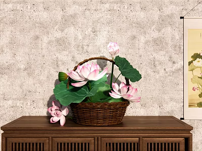 Modern Flower Basket Flower Basket Zen Flower-arranging Lotus Flower Basket Floral Ornaments Bamboo Basket Rattan Flower Basket Flower Lotus Lotus Lotus Leaf 3d model
