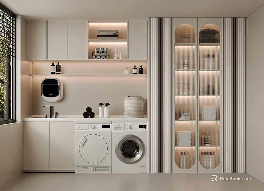 Home Balcony Laundry Area With Washing Machines Dryers Built In Storage And Warm Lighting 3d model 