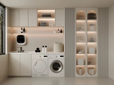 Home Balcony Laundry Area With Washing Machines Dryers Built In Storage And Warm Lighting 3d model