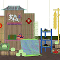 Harvest Themed Photo Check In Spot With Thatched Pavilion Red Lanterns Corn Strings And Pumpkins