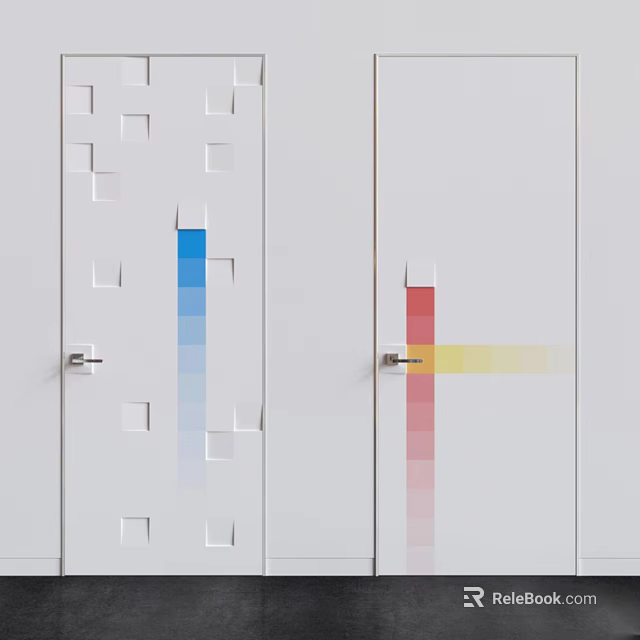 White Square Patterned Hinged Doors With Blue Red Yellow Gradient And Silver Handles 3d model