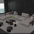 Modern Beige Sofa and Black Coffee Table Set with Cushions Ottomans and Striped Rug