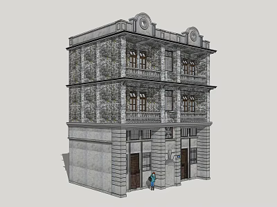 Classical Multi Story Commercial Complex With Stone Exterior And Balconies 3d model