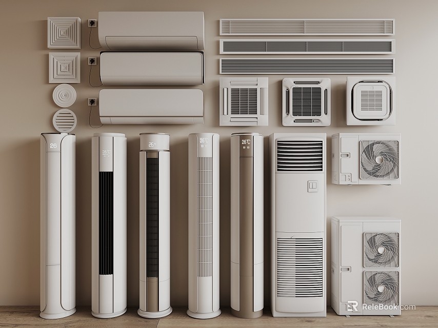 Various Types of White Air Conditioners and Fans for Home Cooling Solutions 3d model 