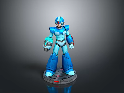 Blue Robot Character Figure With Red Accents Standing On Round Base 3d model