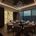 Luxurious Private Dining Room With Round Table Elegant Chairs Crystal Chandelier And Large Windows View