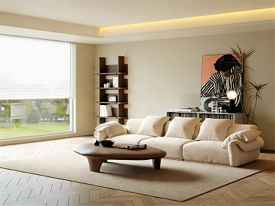 Modern Living Room With Beige Sofa Wooden Coffee Table Window Decorative Painting Bookshelf And Plant 3d model