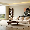Modern Living Room With Beige Sofa Wooden Coffee Table Window Decorative Painting Bookshelf And Plant