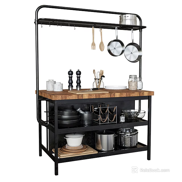 Organized Modern Kitchenware Storage With Black Metal Rack Hanging Pans Spatulas And Wooden Countertop 3d model 
