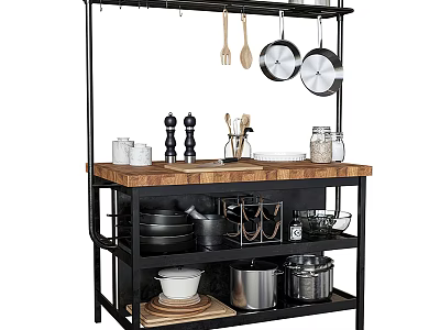 Organized Modern Kitchenware Storage With Black Metal Rack Hanging Pans Spatulas And Wooden Countertop 3d model