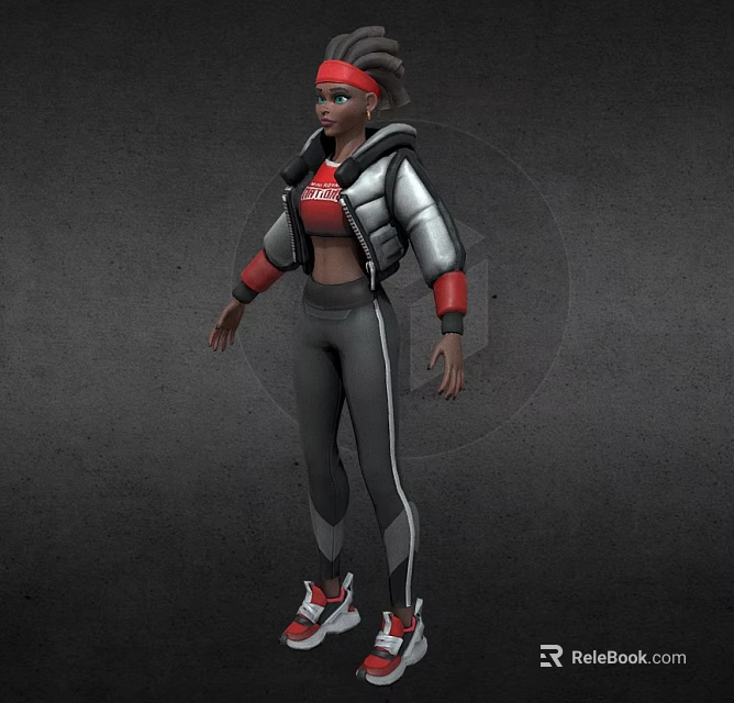 3D Sporty Female Character With Red Headband Silver Black Jacket Gray Sweatpants Red Sneakers 3d model 