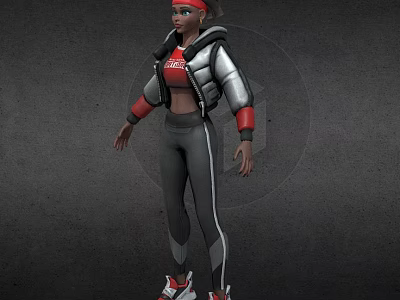3D Sporty Female Character With Red Headband Silver Black Jacket Gray Sweatpants Red Sneakers 3d model