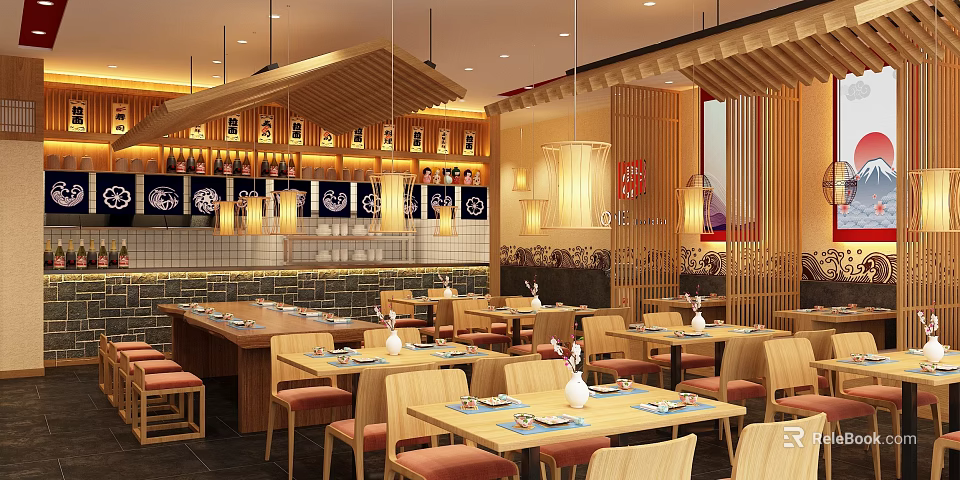 Warm Ambiance Japanese Restaurant Interior With Wooden Tables Chairs Orange Cushions Bar Counter Decorative Paintings 3d model 