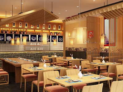 Warm Ambiance Japanese Restaurant Interior With Wooden Tables Chairs Orange Cushions Bar Counter Decorative Paintings 3d model