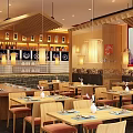 Warm Ambiance Japanese Restaurant Interior With Wooden Tables Chairs Orange Cushions Bar Counter Decorative Paintings