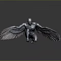Winged Humanoid Sculpture In Metallic Finish Squatting With Spread Wings On Reflective Gray Surface