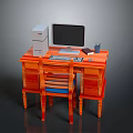 Wooden Computer Desk Setup With Monitor Tower Keyboard Chair And Stationery