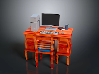 Wooden Computer Desk Setup With Monitor Tower Keyboard Chair And Stationery 3d model