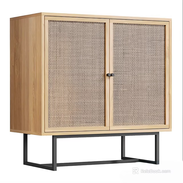 Modern Wooden Entryway Cabinet Sideboard With Rattan Doors And Metal Legs Storage 3d model 
