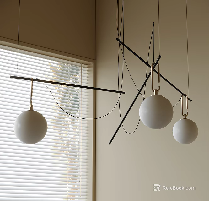 Modern Interior Pendant Lights With White Spherical Shades Black Metal Frames And Window Blinds 3d model 