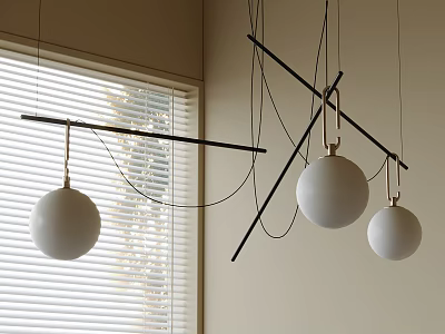 Modern Interior Pendant Lights With White Spherical Shades Black Metal Frames And Window Blinds 3d model