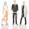 Fashion Mannequins Showcase Stylish Outfits White Top Orange Skirt Black Sweater Gray Coat Distressed Jeans