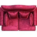 Red Velvet Two Seater Sofa With Curved Backrest Round Armrests Black Legs And Cushions