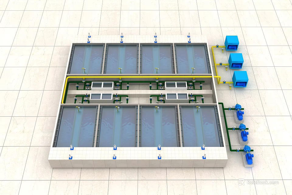 Industrial Processing Equipment With Rectangular Tanks Integrated Piping And Blue Control Units 3d model 