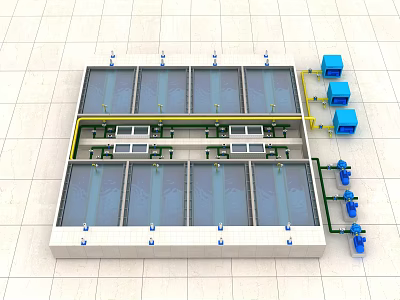 Industrial Processing Equipment With Rectangular Tanks Integrated Piping And Blue Control Units 3d model