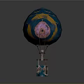 Vibrant Blue Yellow Pink Hot Air Balloon With Decorative Patterns And Red Basket