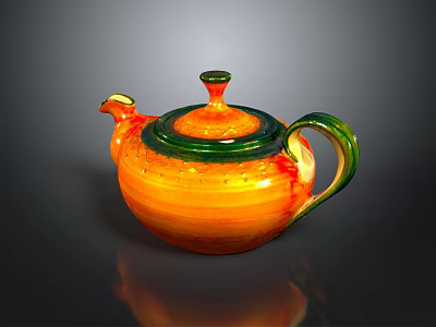 Orange Glossy Teapot With Green Lid And Handle For Daily Household Use 3d model