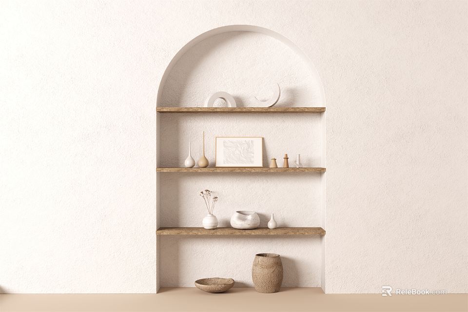 Stylish Decorative Ornament Combination On Wooden Shelves In Arched Niche With White Wall 3d model 