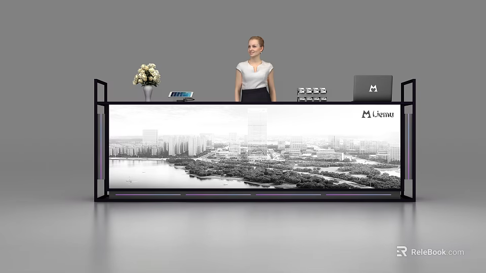 Modern Luxury Reception Desk With Cityscape Panel Flower Arrangement Laptop And Receptionist 3d model 