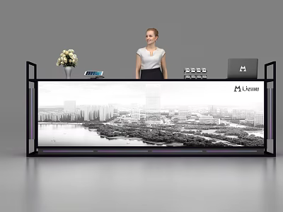 Modern Luxury Reception Desk With Cityscape Panel Flower Arrangement Laptop And Receptionist 3d model