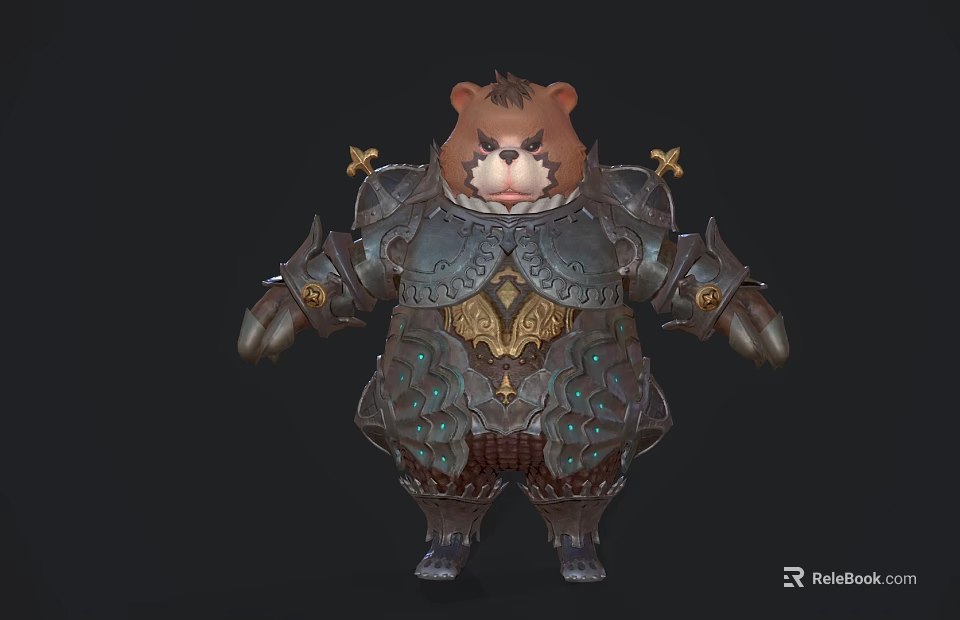 Chubby Armored Bear Character With Intricate Metallic Armor And Decorative Accents 3d model 