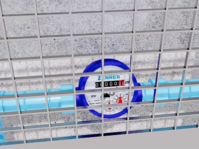 Industrial Equipment ZINNER Meter Installed On Blue Pipes With Protective Grid Structure In Industrial Setting 3d model