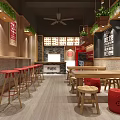Elegant Restaurant Interior With Wooden Tables Red Stools And Green Plant Decorations