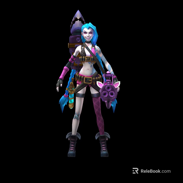 Game Movie Character With Blue Purple Hair Pigtails Punk Style Outfit And Weapon 3d model 