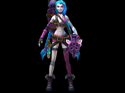 Game Movie Character With Blue Purple Hair Pigtails Punk Style Outfit And Weapon 3d model